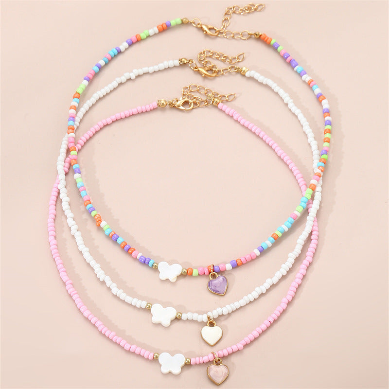 Girls Jewelry Oil Drop Butterfly Pendant Handmade Beaded Necklace Set
