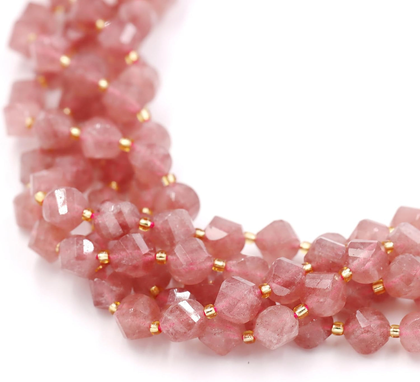 Malahill Wholesale Natural Stone Beads for DIY Jewelry Making Sold per Bag 5 Strands and one roll Cord Inside Faceted S Shape Strawberry Quartz 10mm