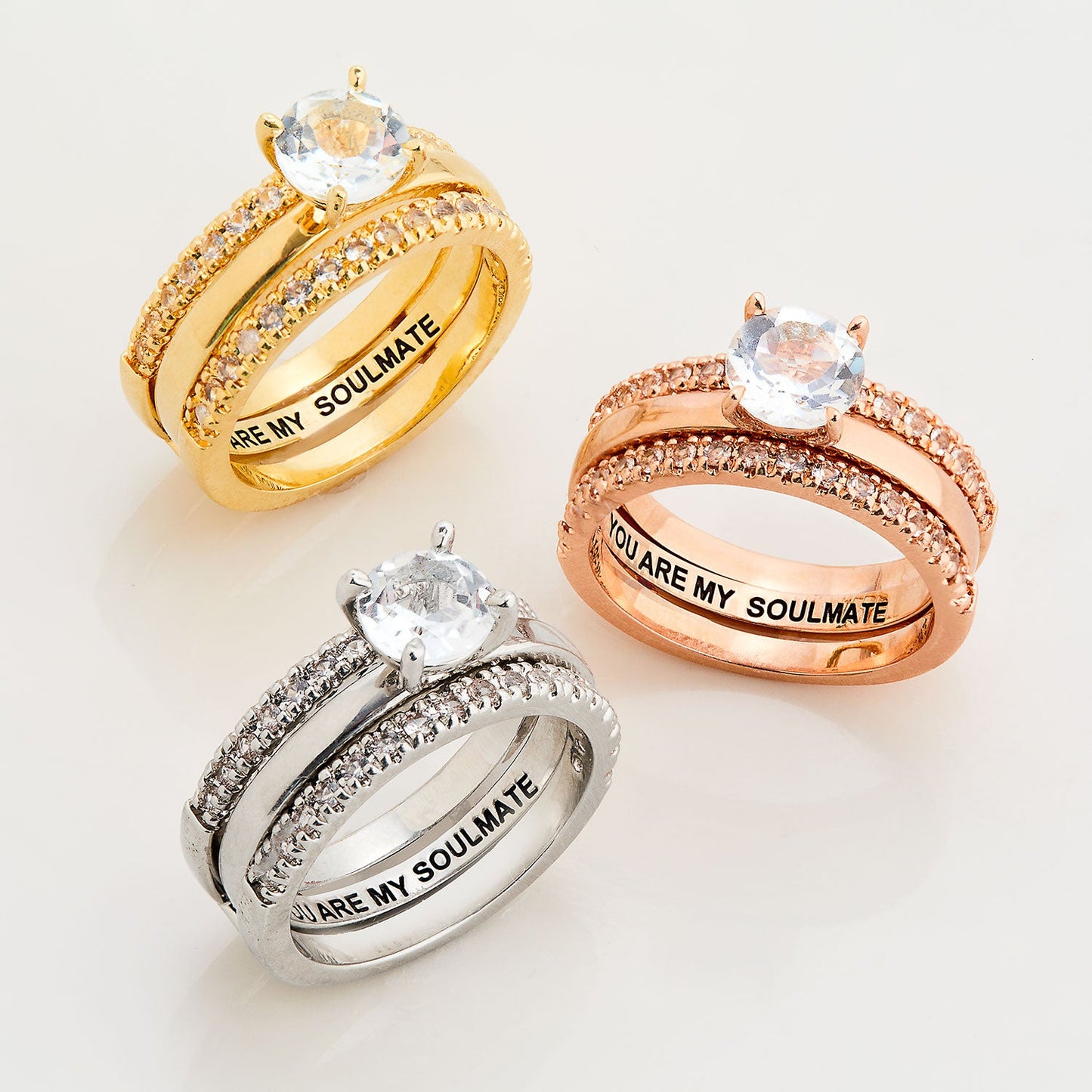 Rose Gold over Sterling White Topaz Solitaire with Enhancer Engraved Engagement Ring Set