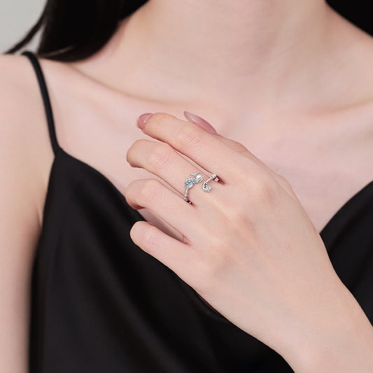 Ocean Seahorse Open Ring Female Inlaid With Green Zirconium