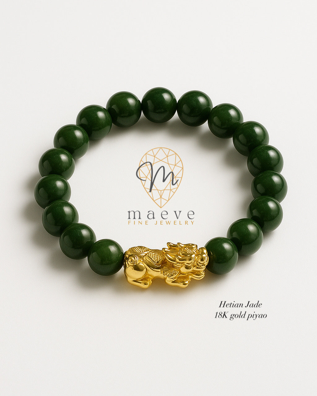 Hetian Green Jade Bracelet 10mm with 18K Gold Piyao