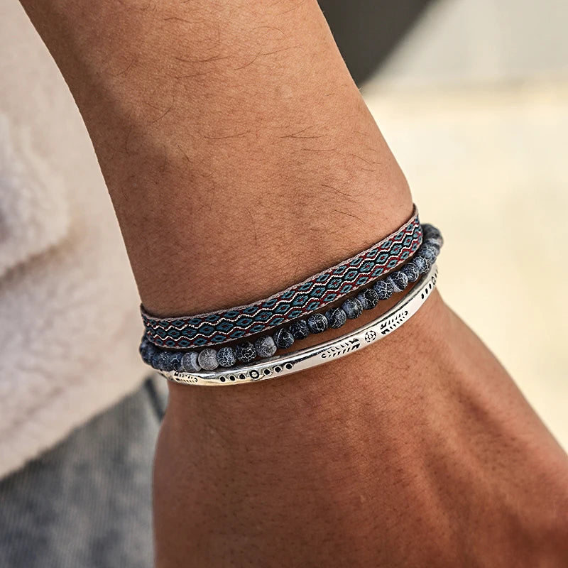 Men' s Bracelet 3Pcs/ Set Tibetan Buddhism Lucky Knot Rope Natural Weathered Agate Beads Hand Carve Cuff Bracelet On Hand Gift