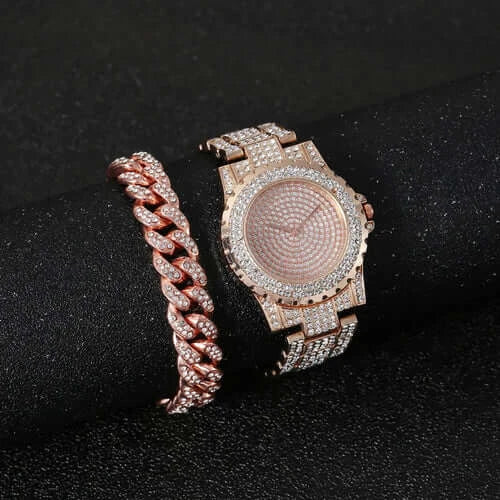 Watch + Bracelet for Women Cuban Chain Charm Bracelet Iced Out Watch