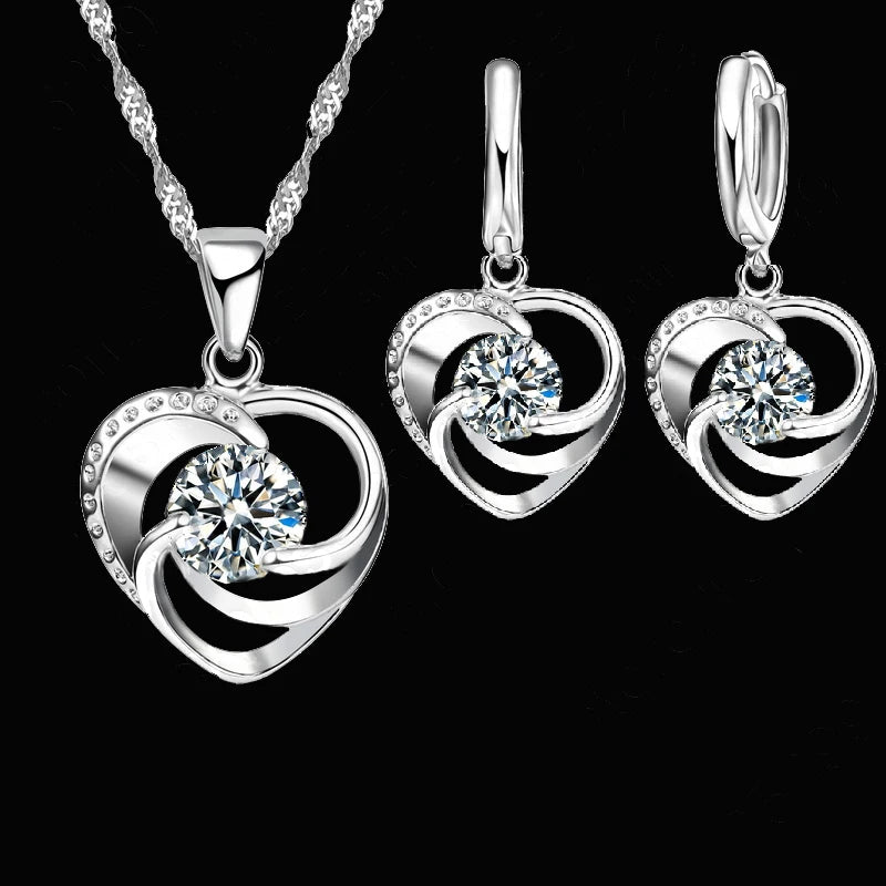 925 Sterling Silver Stamped Necklace Earrings Set Long Chain Sweet