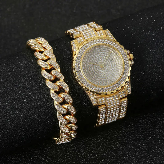 Watch + Bracelet for Women Cuban Chain Charm Bracelet Iced Out Watch