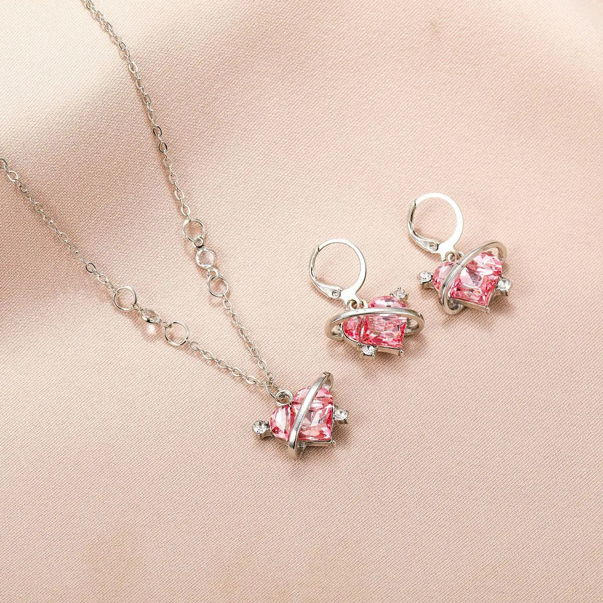 Pink Heart Pendant Necklace Earrings Women's Fashion Shiny Zircon Stud