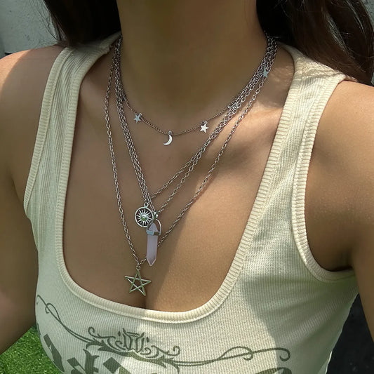 4Pcs Ethnic Pink Crystal Star Pentagram Pendant Choker Necklace for