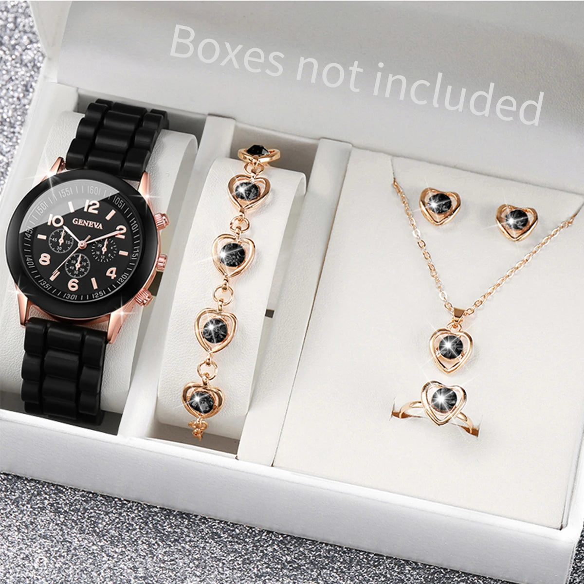 4pcs/set Geneva Fashion Silicone Band Women Quartz Watch & Heart Jewelry Set
