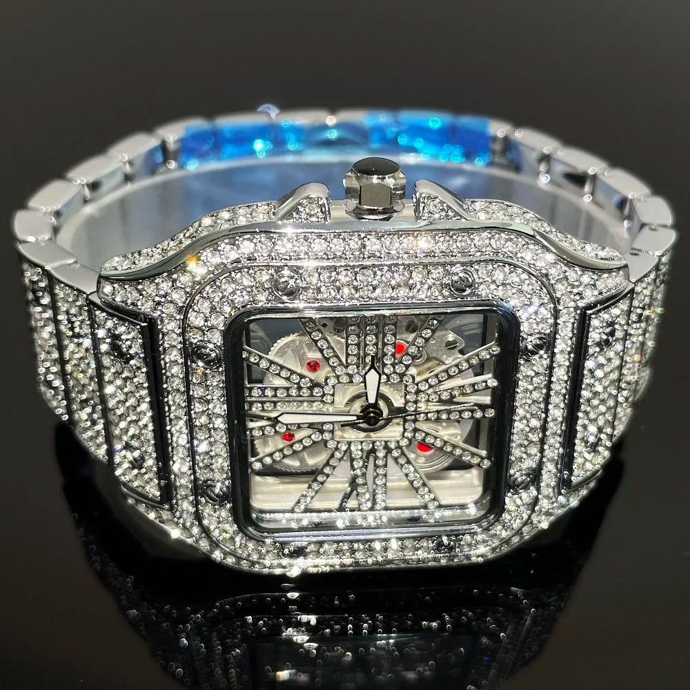 Top Luxury Gold Watch For Men Hip Hop Iced Diamond Square Quartz Wristwatches Fashion Hollow Waterproof Clocks Male Reloj 2025