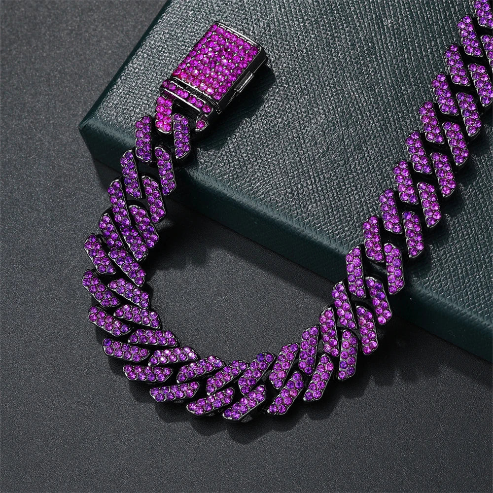 12MM Rhombus Prong Cuban Link Chain 2Row Purple Iced Out Rhinestones Rapper Necklaces Bracelet For Men Women Choker Jewelry