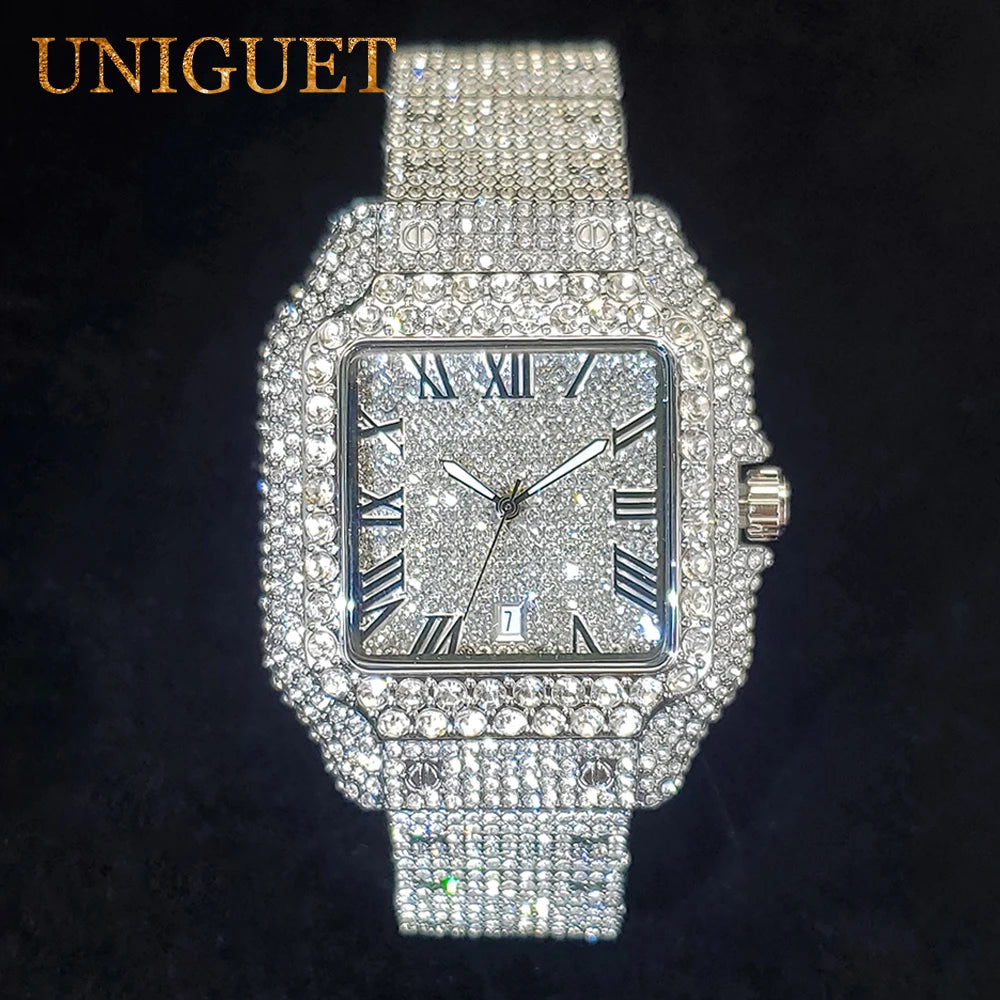 Men's Gold Watch Iced Diamond Hip Hop Square Design Wastches For Men Waterproof Calendar Fashion Luxury Wristwatches New In