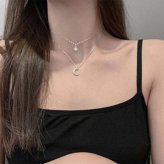925 Silver Double Star & Moon Layered Necklace – Elegant Fine Jewelry for Women™