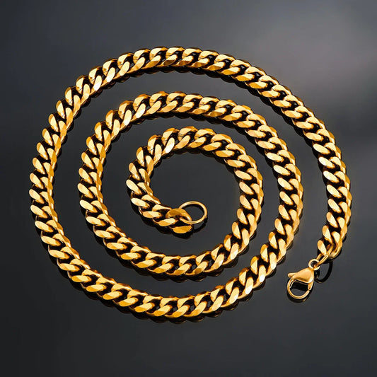 Hot Sale 5mm/6mm/7mm/8mm/9mm Gold Plated Stainless Steel Cuban Link Chains Classic Men Boy Curb Chunky Necklace 20 to 24 Inches
