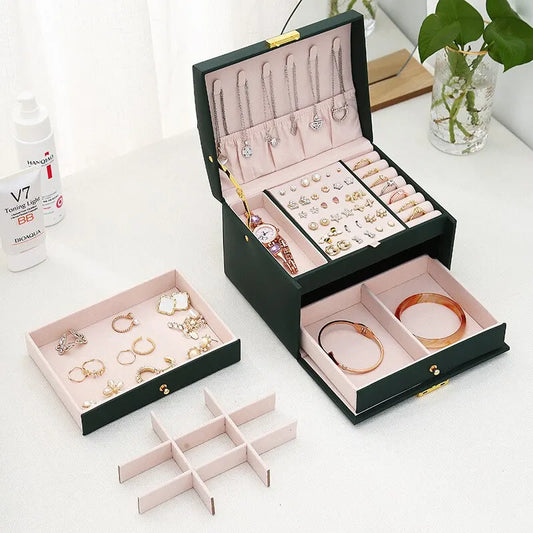 Luxury 3-Layer Leather Jewelry Box with Lock & Drawers™