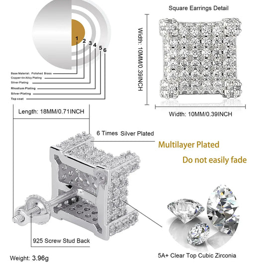 925 Sterling Silver Square Screw Stud Earrings Pave CZ Iced Out Screw
