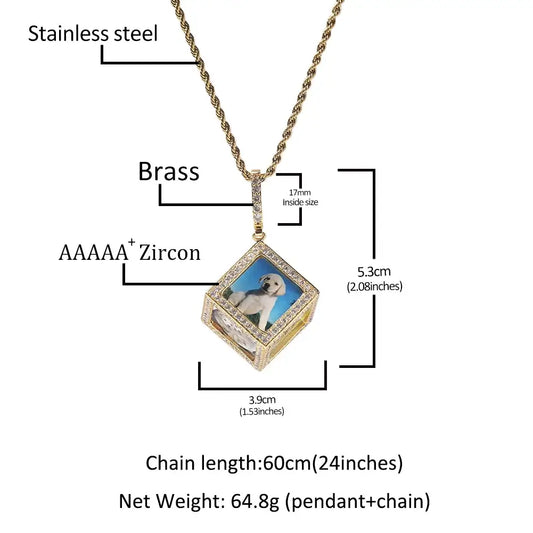 THE BLING KING Men's 3D Cube Custom Memory Photo Pendant Necklace Iced