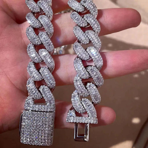 15mm Baguette Cuban Link Chain Iced Out In hand-set Simulated Diamond