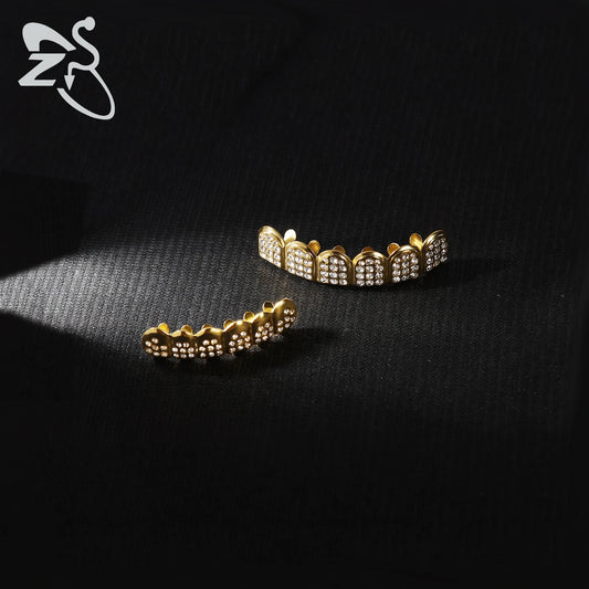 ZS 1 Set Hip Hop 18K Gold Plated Grillz Men Teeth Shiny CZ Crystal Cross Gap Grillz Colorful Zircon Top&Bottom Tooth Jewelry