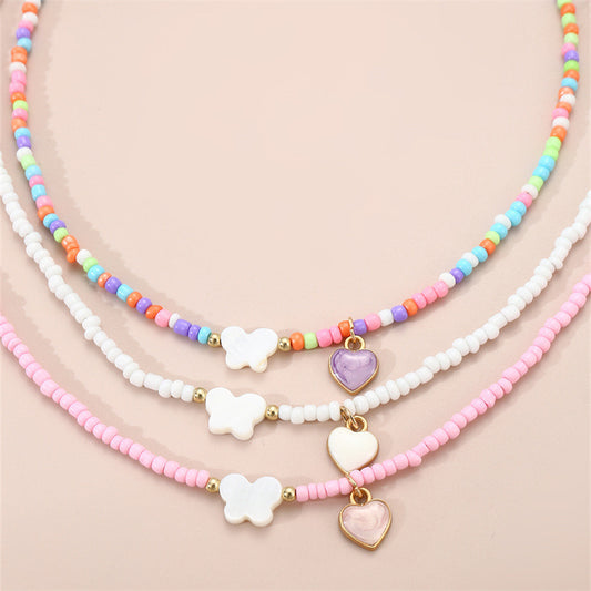 Girls Jewelry Oil Drop Butterfly Pendant Handmade Beaded Necklace Set