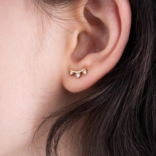 14K Gold Diamond Curve Stud Earrings/ Elegant Gold Ear Climbers for Women/ Delicate Gold Jewelry/ Gold Stud Earrings/ Gift for Her