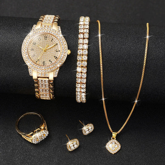 Fashion Numeric Golden Watch with Jewelry Set
