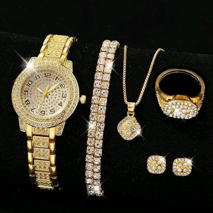 Fashion Numeric Golden Watch with Jewelry Set
