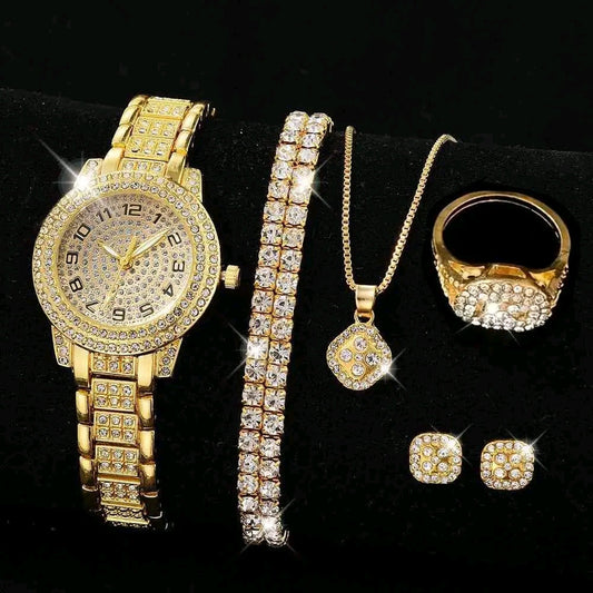 Fashion Numeric Golden Watch with Jewelry Set