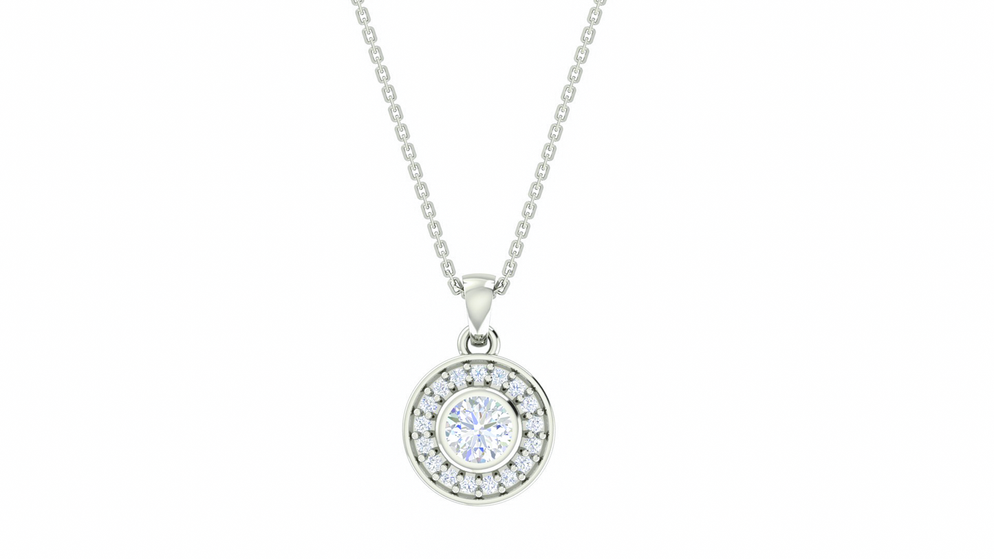 RKC Silver Halo 0.33 CT Moissanite Round Cut Women Pendant 925 Silver Wt 2.9 gm with Height 13mm & Box Chain