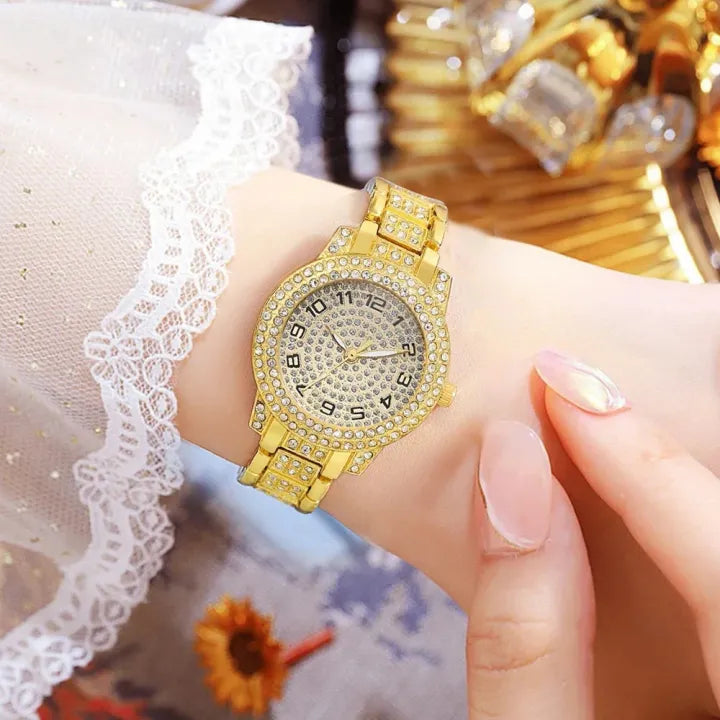 Fashion Numeric Golden Watch with Jewelry Set