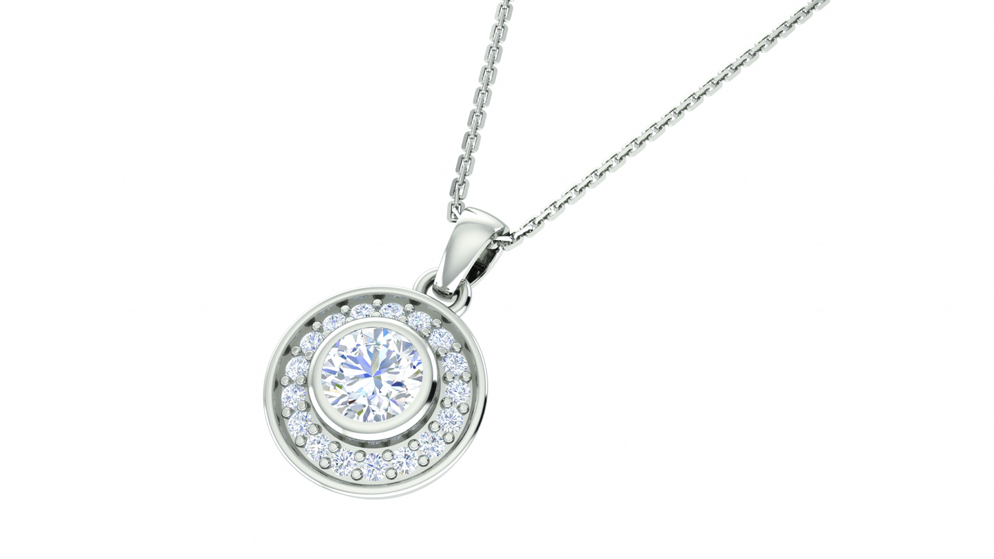 RKC Silver Halo 0.33 CT Moissanite Round Cut Women Pendant 925 Silver Wt 2.9 gm with Height 13mm & Box Chain