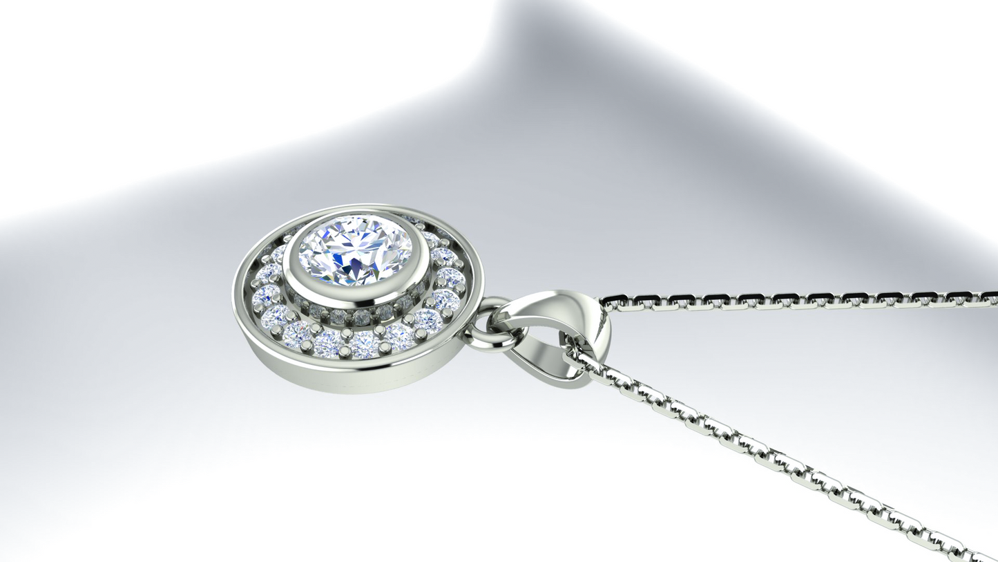 RKC Silver Halo 0.33 CT Moissanite Round Cut Women Pendant 925 Silver Wt 2.9 gm with Height 13mm & Box Chain