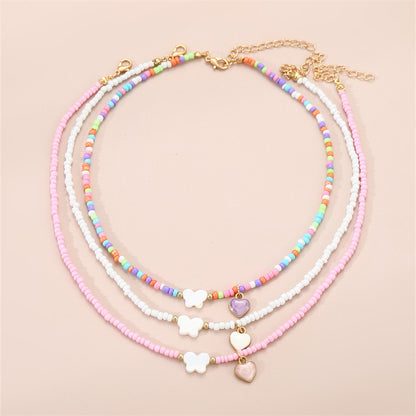 Girls Jewelry Oil Drop Butterfly Pendant Handmade Beaded Necklace Set