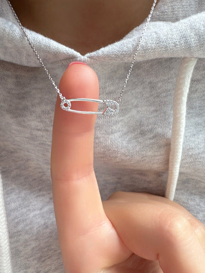 Safety Pin Solid 925 Silver Pendant Necklace