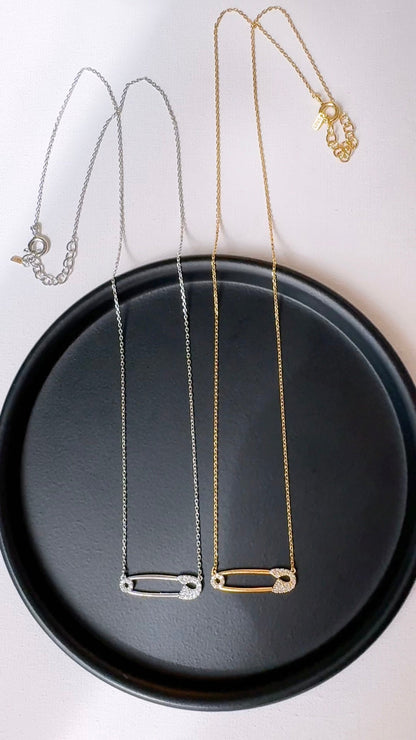 Safety Pin Solid 925 Silver Pendant Necklace