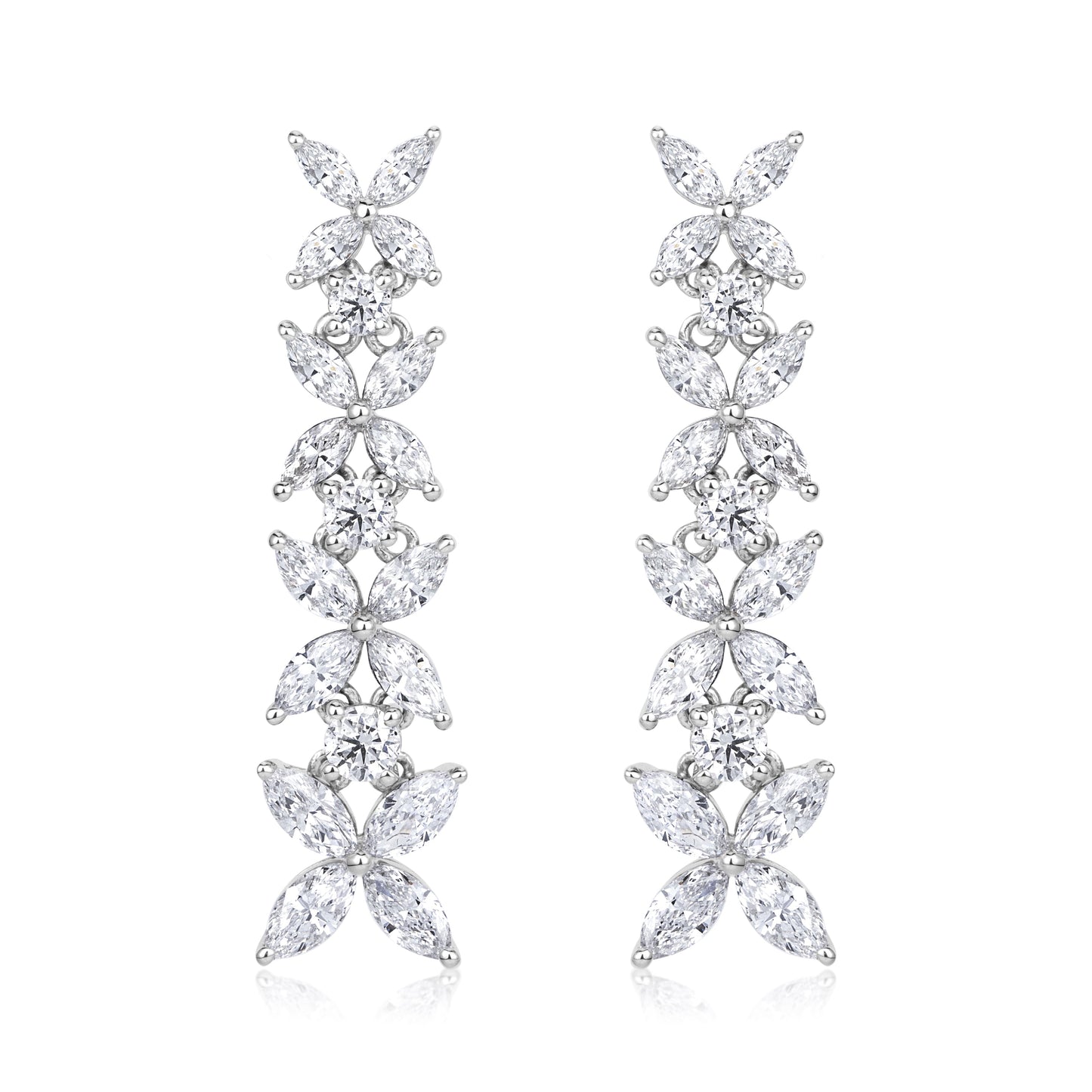 3.86ct Marquise Cut and Round Brilliant Cut Diamond Floral Dangle Earrings in 18K White Gold