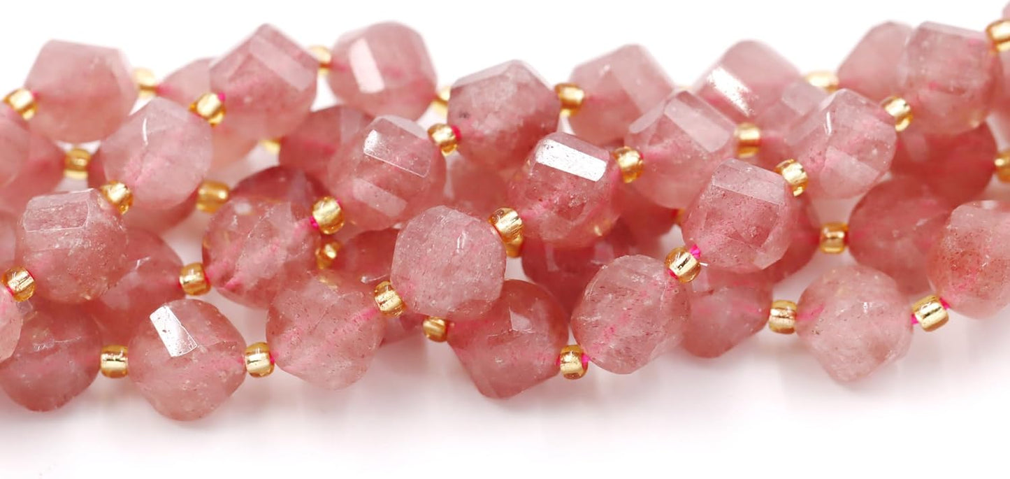 Malahill Wholesale Natural Stone Beads for DIY Jewelry Making Sold per Bag 5 Strands and one roll Cord Inside Faceted S Shape Strawberry Quartz 10mm