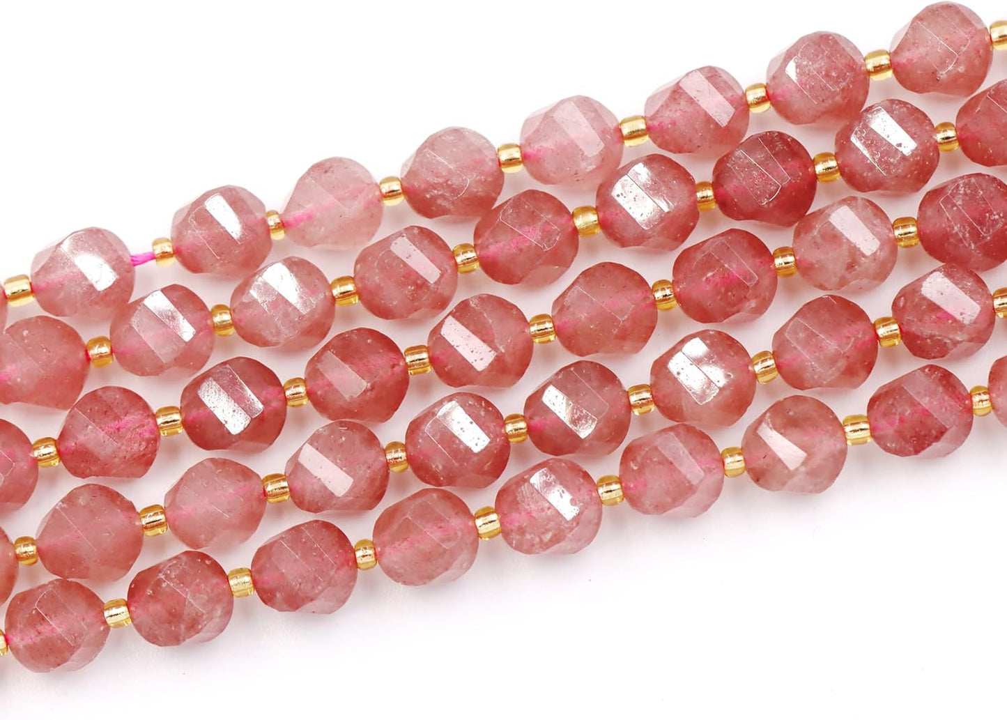 Malahill Wholesale Natural Stone Beads for DIY Jewelry Making Sold per Bag 5 Strands and one roll Cord Inside Faceted S Shape Strawberry Quartz 10mm
