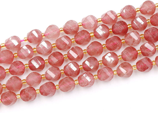 Malahill Wholesale Natural Stone Beads for DIY Jewelry Making Sold per Bag 5 Strands and one roll Cord Inside Faceted S Shape Strawberry Quartz 10mm