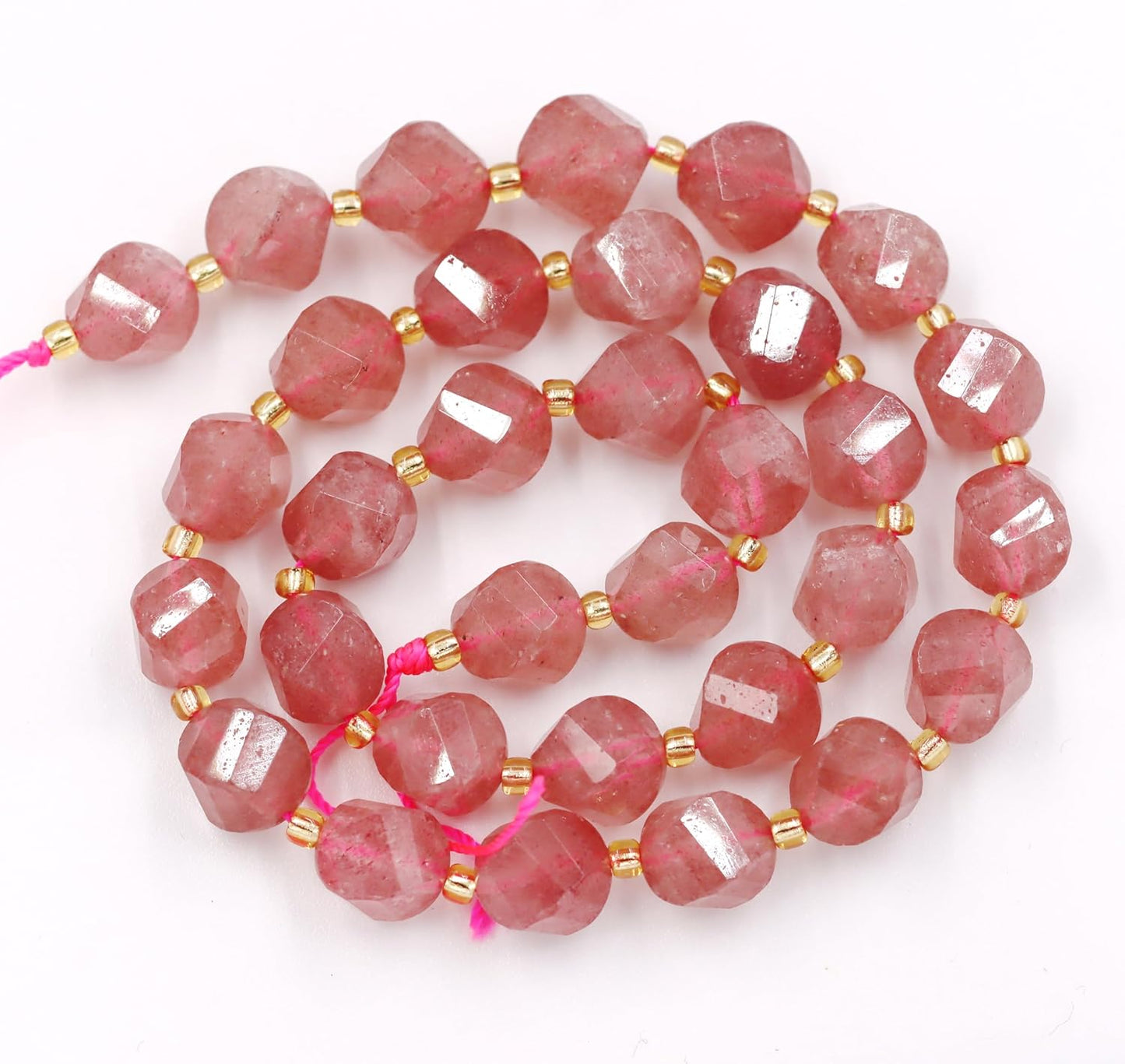 Malahill Wholesale Natural Stone Beads for DIY Jewelry Making Sold per Bag 5 Strands and one roll Cord Inside Faceted S Shape Strawberry Quartz 10mm