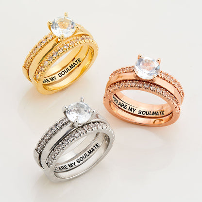 Rose Gold over Sterling White Topaz Solitaire with Enhancer Engraved Engagement Ring Set