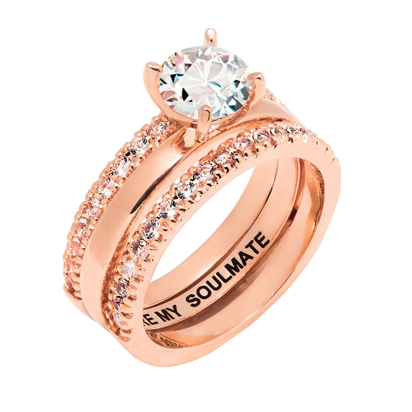 Rose Gold over Sterling White Topaz Solitaire with Enhancer Engraved Engagement Ring Set