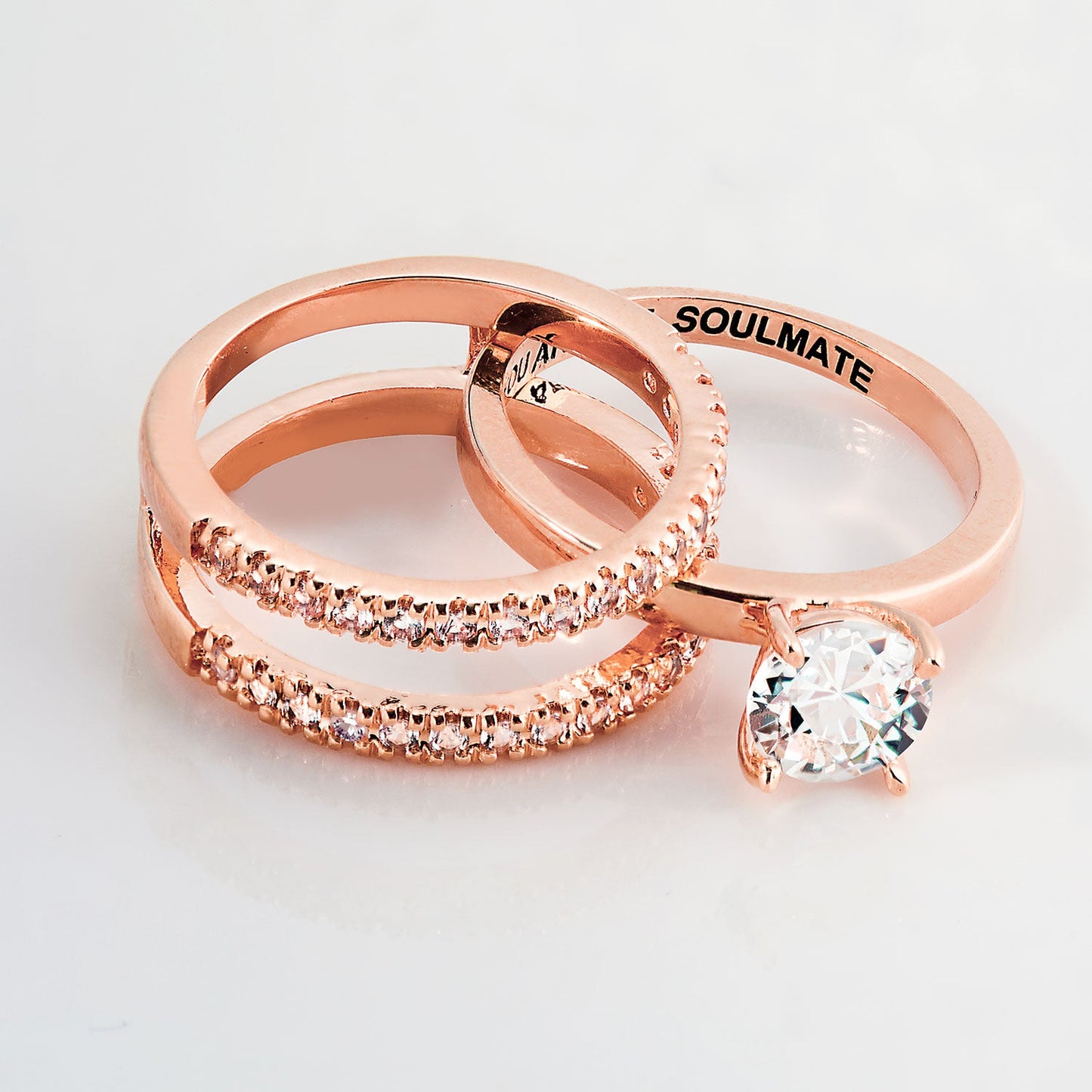 Rose Gold over Sterling White Topaz Solitaire with Enhancer Engraved Engagement Ring Set