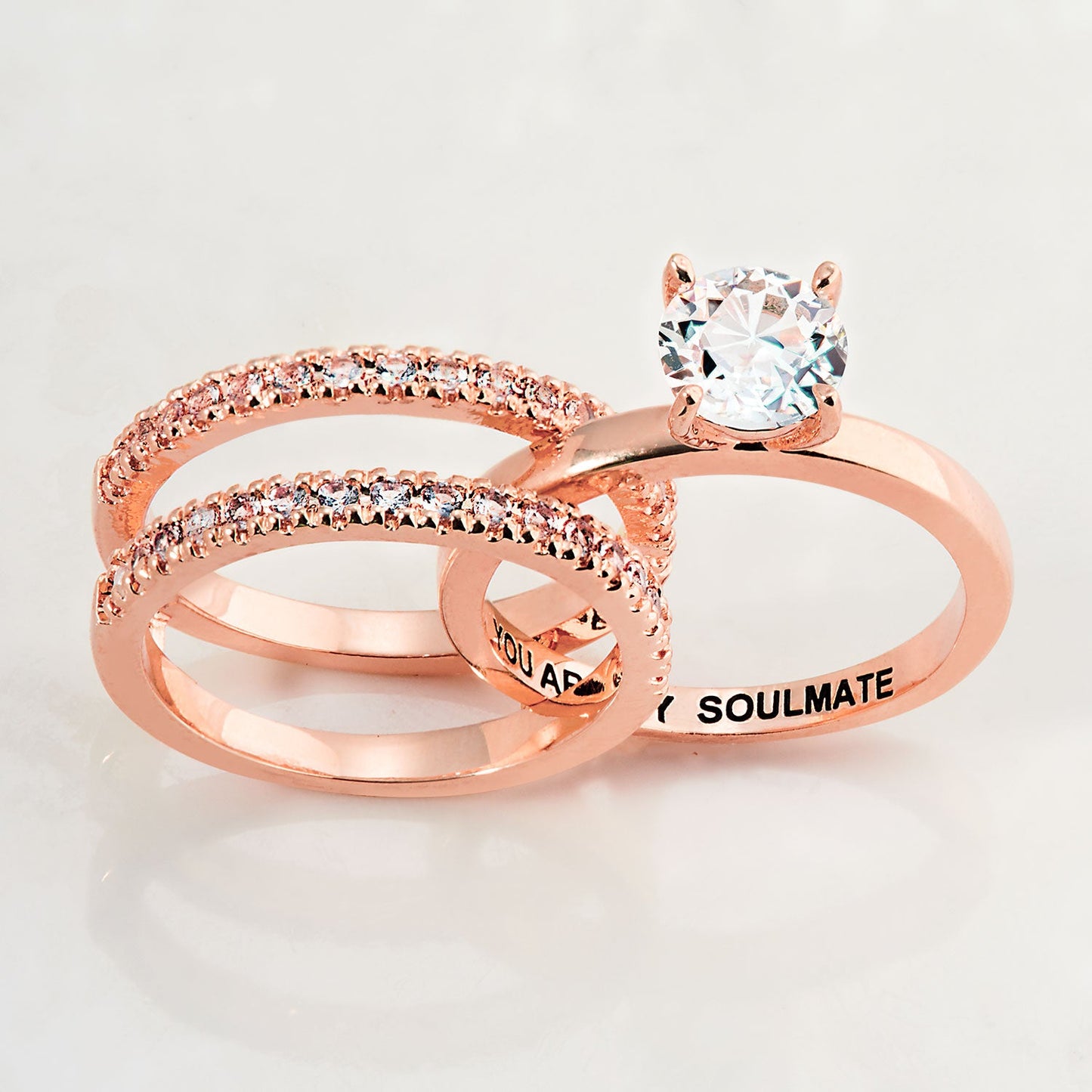 Rose Gold over Sterling White Topaz Solitaire with Enhancer Engraved Engagement Ring Set