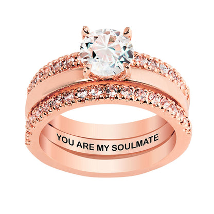 Rose Gold over Sterling White Topaz Solitaire with Enhancer Engraved Engagement Ring Set