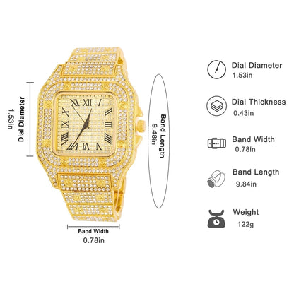 Gold Color Cuban Chain Watch for Men,Hip Hop Miami Curb,Iced Out Paved