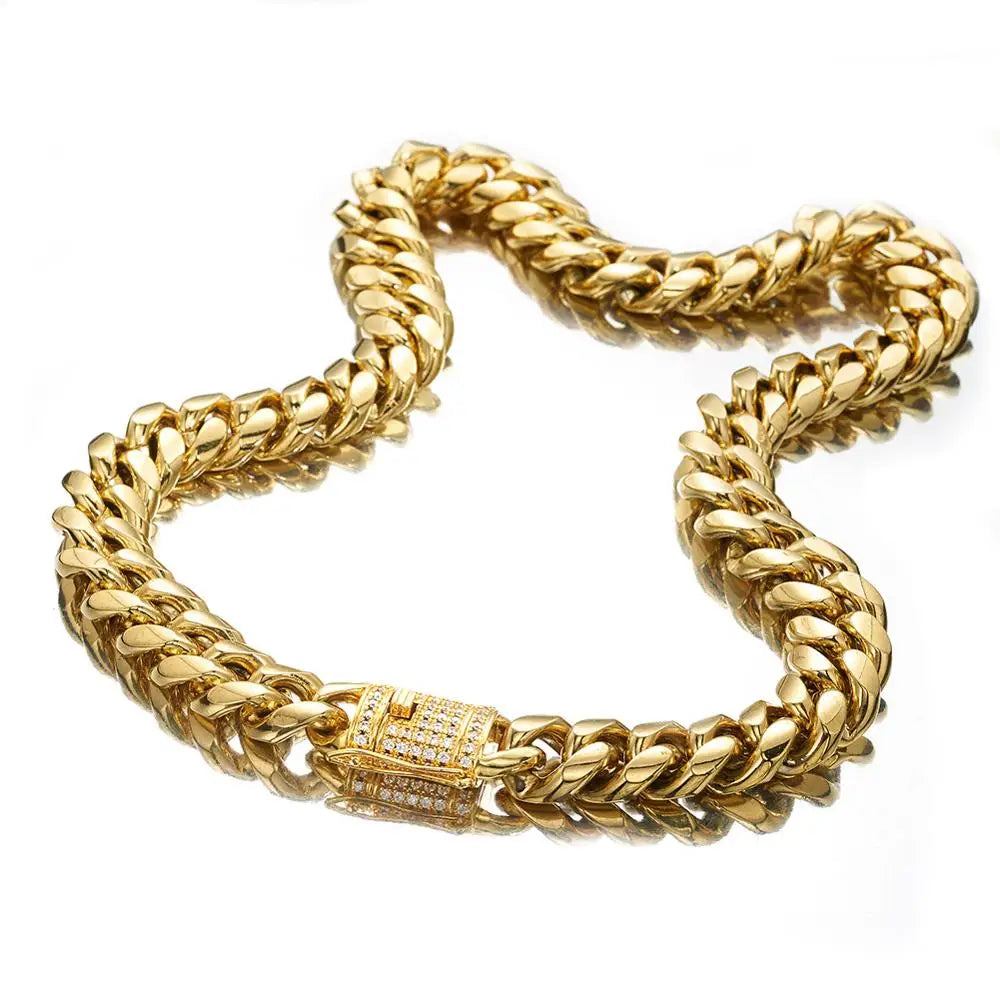 6-18mm wide Stainless Steel Cuban Miami Chains Necklaces CZ Zircon Box Lock Big Heavy Link Chain for Men Hip Hop Rapper jewelry