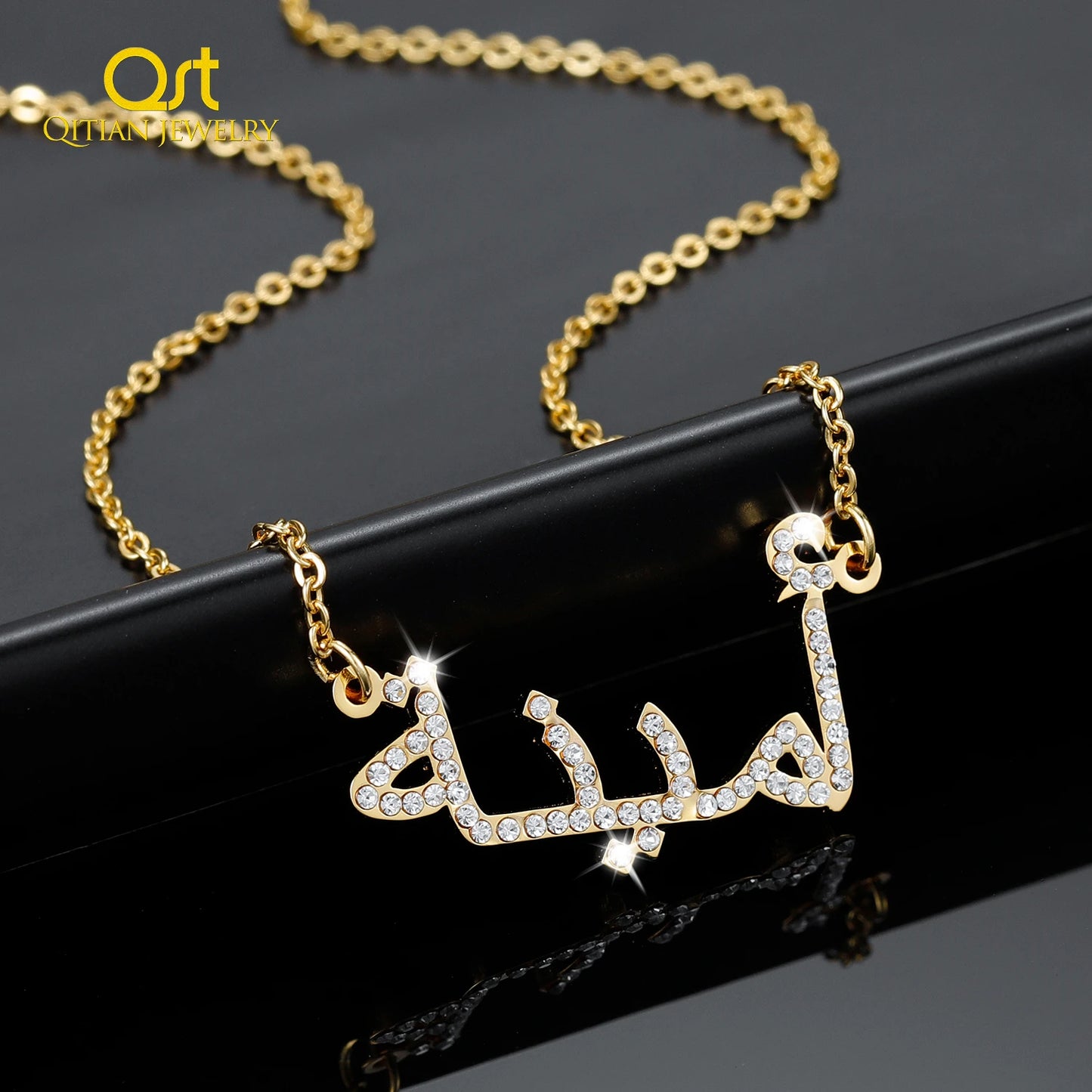 Custom Arabic Name Necklace Personalized Stainless Steel Crystal Arabic Pendant Iced Out Names Jewelry For Women Birthday Gift