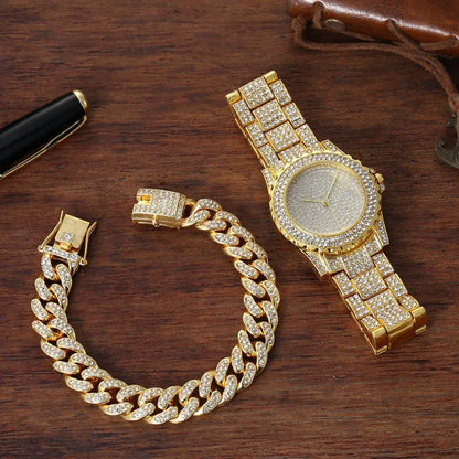 Watch + Bracelet for Women Cuban Chain Charm Bracelet Iced Out Watch