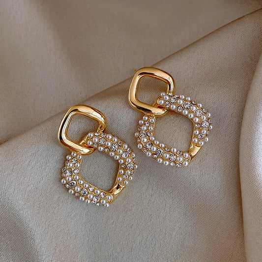 Trendy Crystal Geometric Dangle Earrings For Women Water Drop Imitation Pearl Round Tassel Earring Girl Party Engagement Jewelry