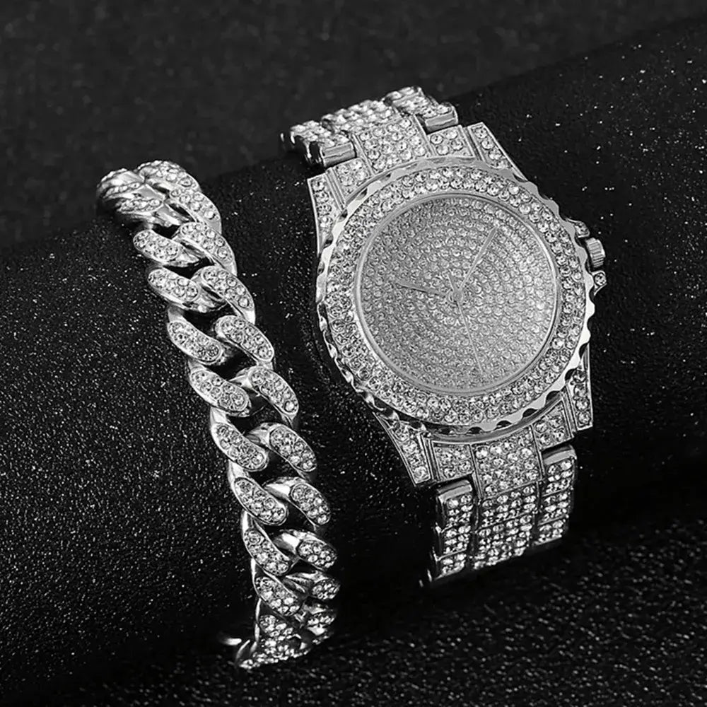 Watch + Bracelet for Women Cuban Chain Charm Bracelet Iced Out Watch